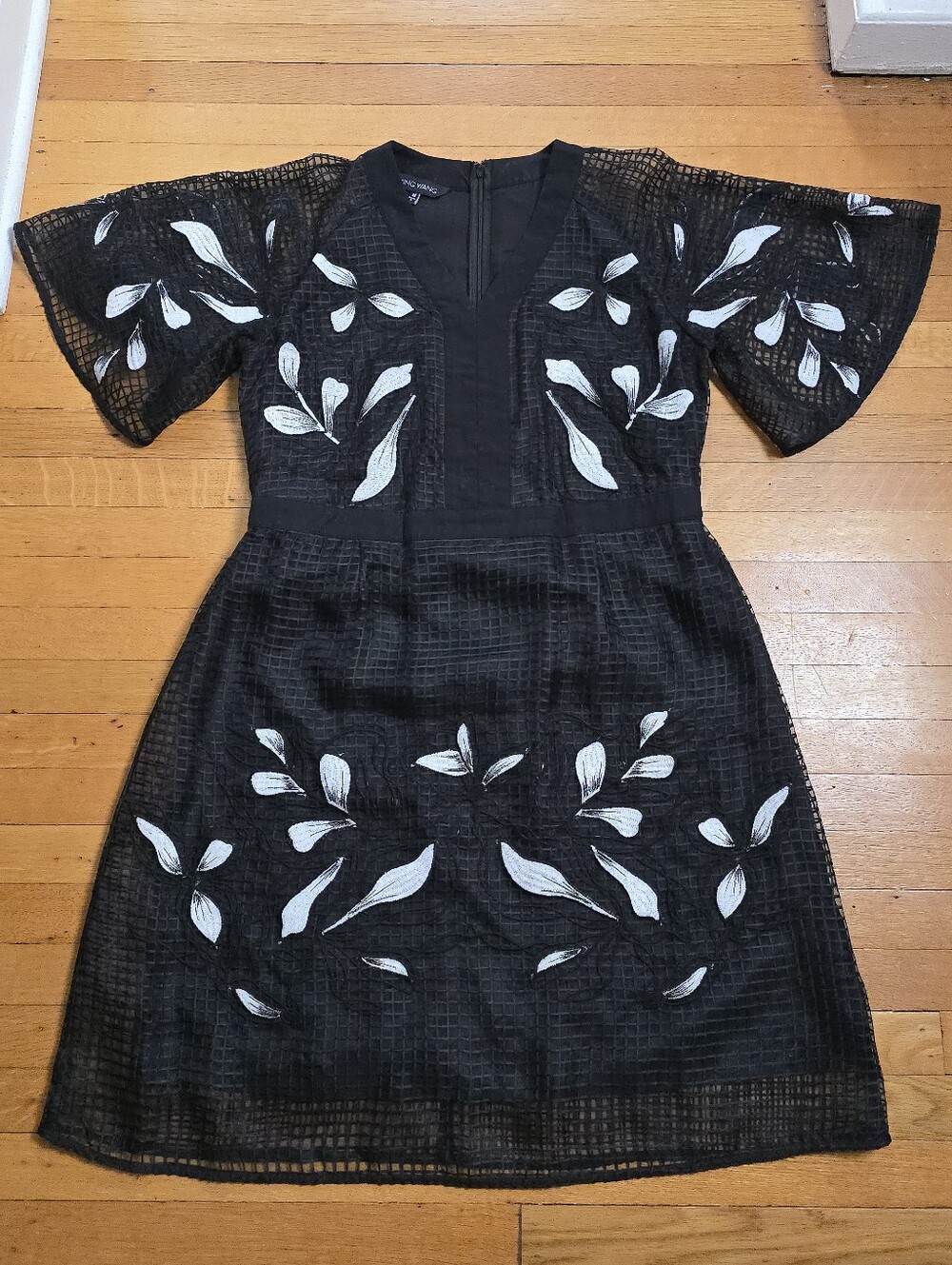 Ming Wang Botanical Embroidered Sheer Grid A-Line Dress Black White EUC W's M